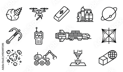 Asteroid mining drilling into rock formation for resources and valuable materials