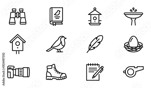 Bird watching icons set with binoculars book feeder bath robin feather nest camera boot and whistle