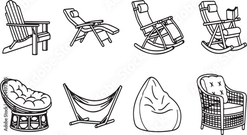A diverse collection of eight unique and comfortable outdoor chairs Vector