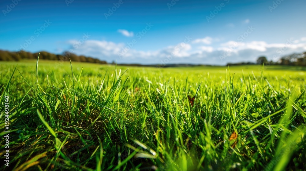 Fototapeta premium Lush Green Grass Under Bright Sky with Fluffy Clouds in a Scenic Outdoor Landscape Captured on a Sunny Day During Golden Hour