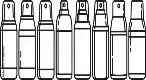 A variety of different types of spray bottles lined up in a row. Vector