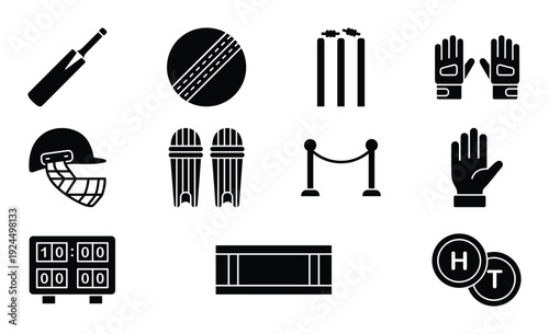 Cricket game equipment like bat, ball, wicket, gloves, helmet, pads, rope and coin for players play