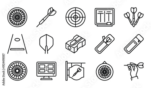 Darts game set with board and dart arrow for recreation activity outline design vector art