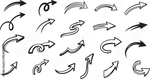 Set of hand drawn doodle style arrows for various designs on transparent background