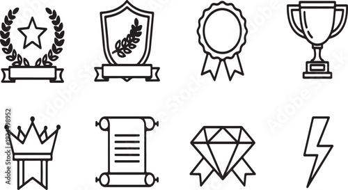 A collection of various award and achievement icons in a linear arrangement Vector