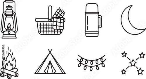 Camping essentials and night sky decorations for a cozy outdoor adventure Vector