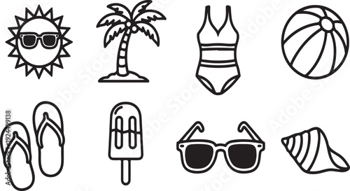 A collection of summer-themed icons including beach essentials and activities. Vector