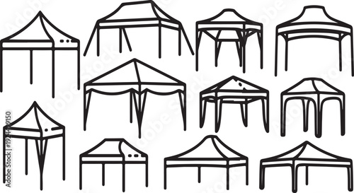 A collection of various types of tents and canopies in black and white line art Vector