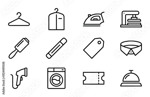 Laundry and garment care icons set with hangers iron washing machine lint roller and clothing tags