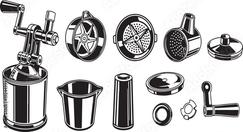 A collection of vintage kitchen utensils and tools in black and white Vector