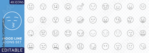 Mood editable icon set. Containing happy, sad, excited, calm, angry, tired, stressed, Etc. Fully Editable. Vector illustration.