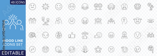 Mood editable icon set. Containing happy, sad, excited, calm, angry, tired, stressed, Etc. Fully Editable. Vector illustration.
