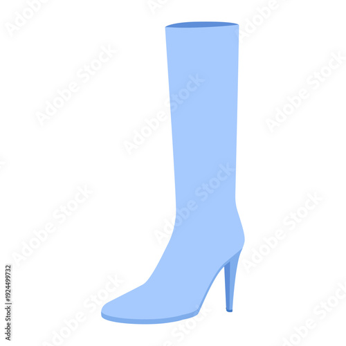 Blue stiletto heel knee-high shoes women color flat pair. Tall shaft with pointed heel capsule, stylish chic. Technical fashion illustration CAD mockup smooth vector men unisex isolated trendy style.