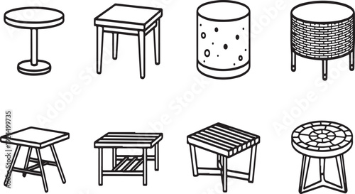 A diverse collection of tables showcasing various designs and materials Vector
