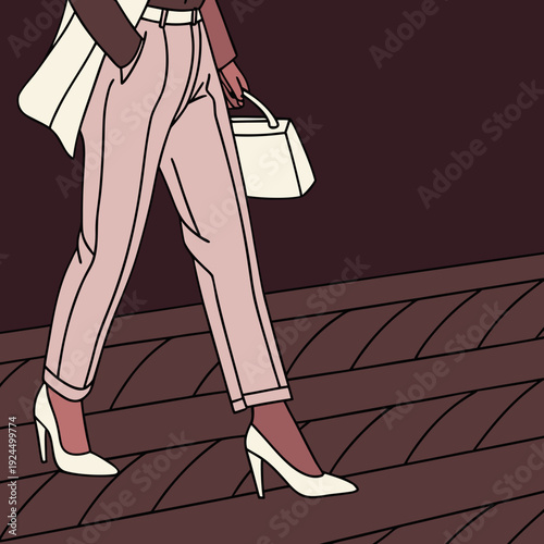 Woman walking in high heels and carrying a handbag in urban setting, Gender diversity concept  