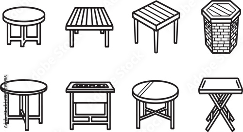 Diverse styles of tables and benches showcasing various designs and materials Vector