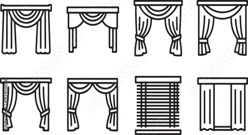 A collection of various window treatments and coverings in a simple illustration Vector