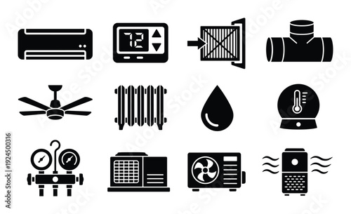 Set of black silhouette icons representing various heating ventilation and air conditioning systems