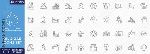 Oil & Gas line icon set. Containing fuel, refinery, petroleum, oil well, gas pump, offshore platform, lubricant, oil barrel Etc. Fully Editable. Vector illustration.