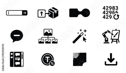 Set of simple vector icons depicting various digital tools and creative processes in a modern style