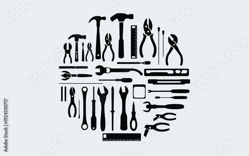 Classic black and white illustration of various hand tools arranged in a circular pattern.