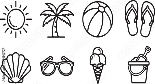 A collection of summer-themed icons representing various beach and outdoor activities. Vector