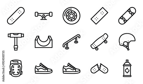 Skateboard equipment set for freestyle riding and skate park activity with outline design vector