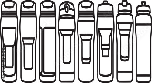 Assorted water bottles lined up in a row, showcasing various designs and sizes Vector