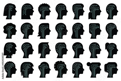 Collection of abstract profiles with interconnected lines forming human faces
