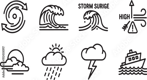 Weather and water conditions icons depicting various natural phenomena and warnings Vector