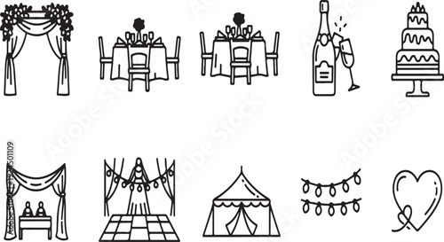 Illustrations of wedding elements and decorations. Vector