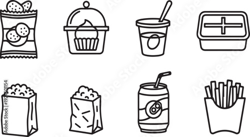 Assorted food items including snacks and drinks in a variety of packaging Vector