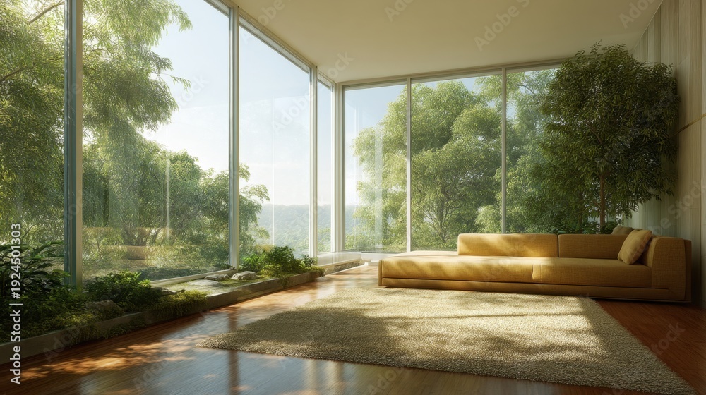 Fototapeta premium Modern Living Room with Large Windows and Natural Light Creating Inviting Atmosphere Surrounded by Lush Green Nature and Minimalist Design Features