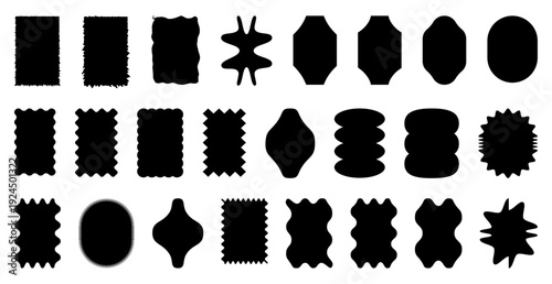 Set of black wavy rectangle labels. Hand drawn box tags and caption strips for product callouts, price stickers and highlight text. Irregular rectangle silhouettes vector illustration.