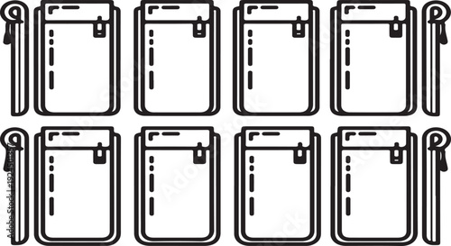 Nine blank white notepads with black lines and a black border on a white background Vector