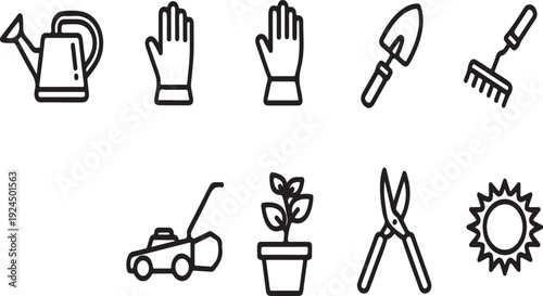 A collection of gardening tools and symbols representing various aspects of plant care and maintenance Vector