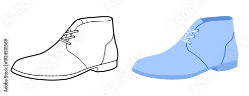 Blue chukka boot women color plus line set. Lace up ankle boot for fashion catalog chart and branding project. Technical fashion illustration CAD mockup mixed vector man unisex isolated stylish style.