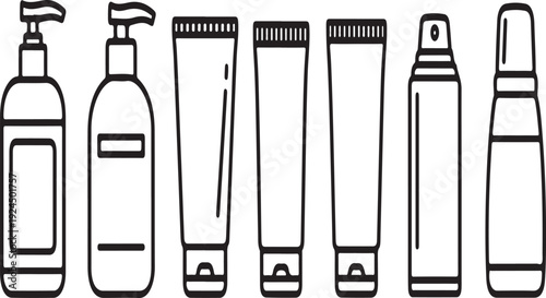 Assorted personal care products arranged in a row on a white background Vector