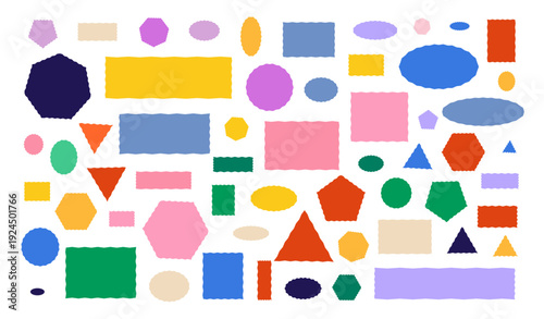 Set of colorful wavy geometric shapes. Pastel triangles, circles and polygons for modern layouts, pattern making and abstract compositions. Multi-form silhouette vector illustration.