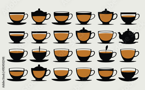 Collection of diverse tea cups and a teapot showcasing various tea servings