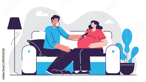 A male nurse performs a prenatal check-up on a pregnant woman's belly with a stethoscope at home.
