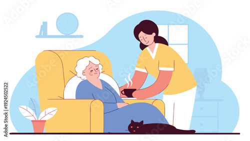 A home care nurse provides a hot drink to a senior woman relaxing in an armchair beside her black cat.