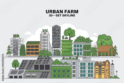 A vibrant urban farm integrated into a bustling city skyline illustration