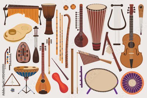 A diverse collection of traditional and folk musical instruments from around the world