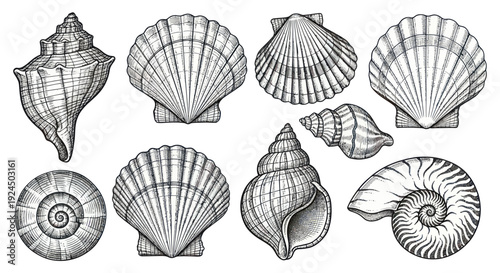 Collection of detailed hand-drawn seashell illustrations on a white background