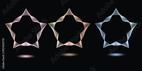 Abstract Neon Gradient Star Frames Set on Dark Background – Glowing Iridescent Five Point Star Shapes, Futuristic Light Design Elements