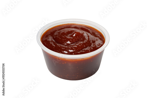 Barbecue sauce in plastic container with transparent background