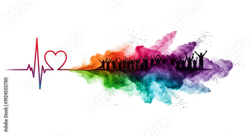 Vibrant illustration of a heartbeat line forming a heart with a rainbow-colored splash behind silhouettes of people celebrating Holi Festival with love and happiness in a colorful world