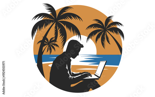Relaxing beachside work session with a laptop under palm trees