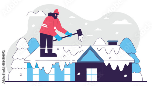 A maintenance worker breaks ice off a snow-covered residential rooftop using an ice pick during winter.